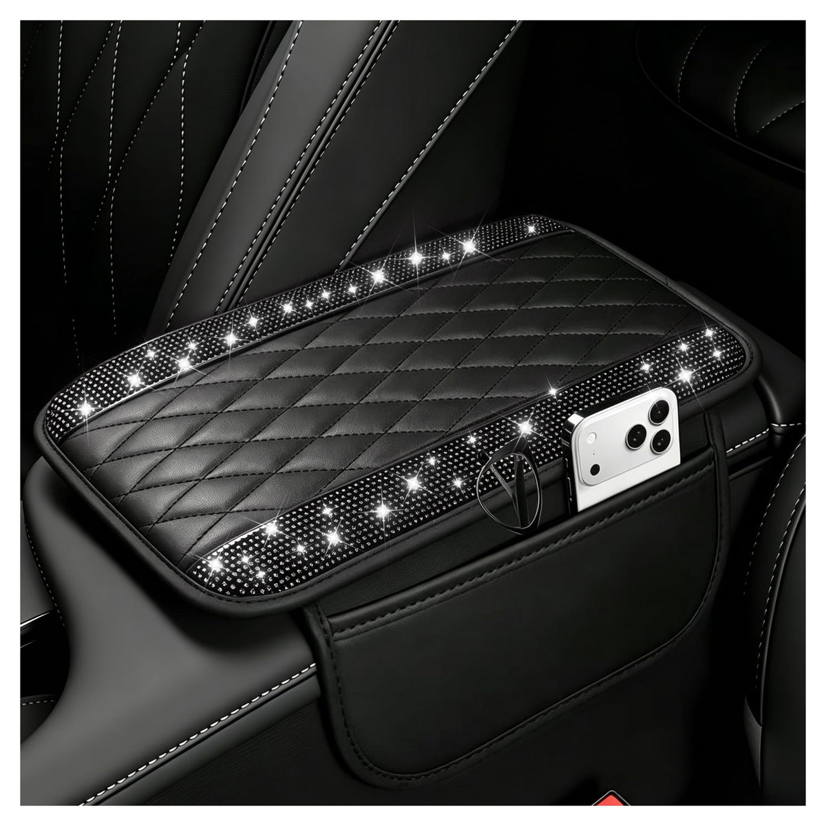 Stacool Upgraded Car Center Console Cover,Microfiber Leather Car Armrest Cover Cushion with 2 Storage Bags,Universal Car Armrest Storage Box (Black)