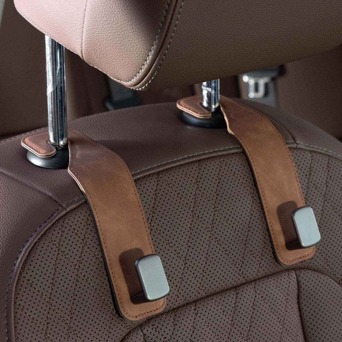 CoBak Purse Hook for Car - Universal Premium Stitched Leather and Aluminum-Magnesium Alloy Double Car Seat Back Storage Hook for Purses, Handbags, Bags (2 Pack),Amethyst Purple