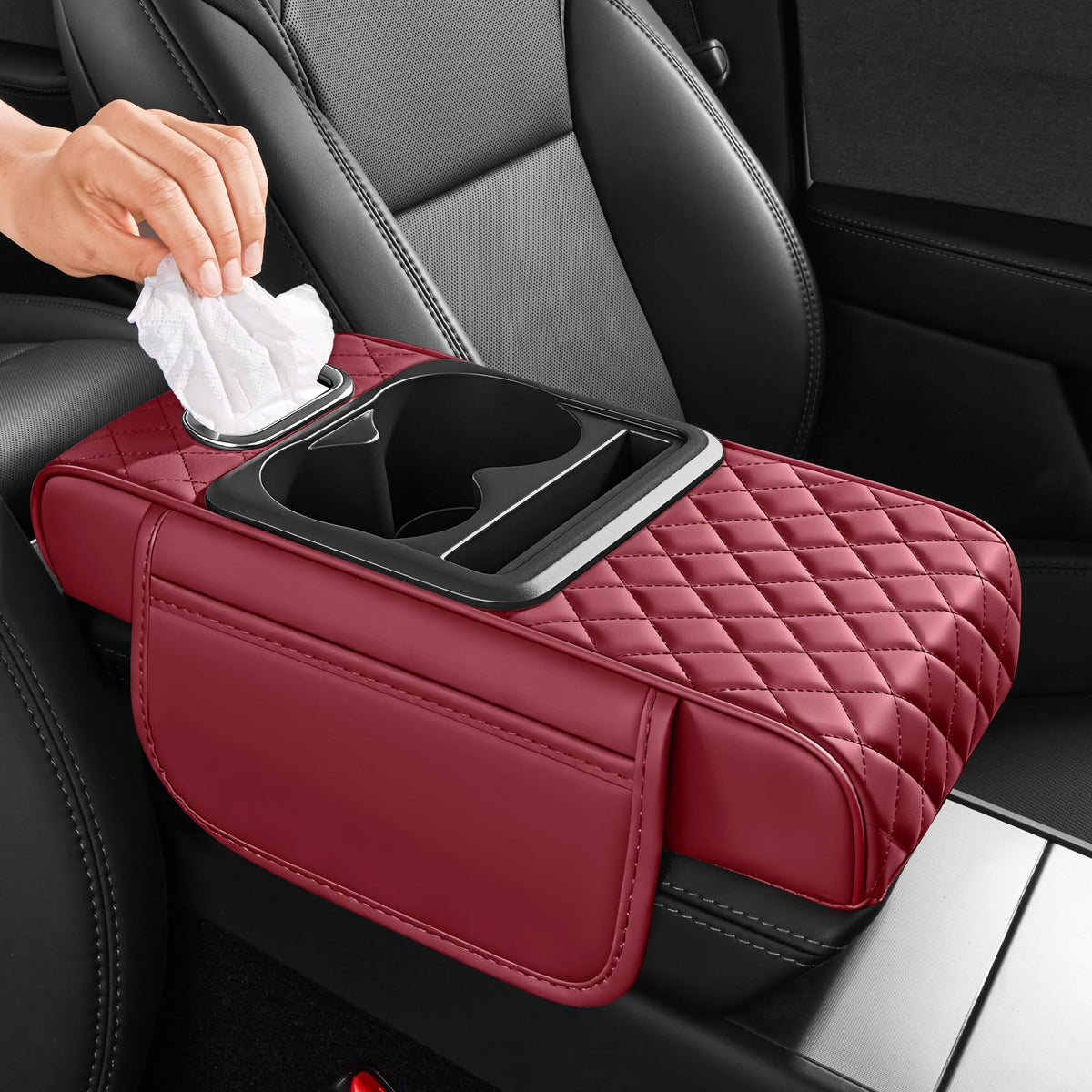 5 in 1 Nappa Leather Console Armrest Cover, Black