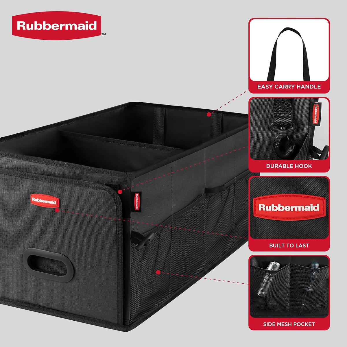 Rubbermaid Car Organizer, Collapsible Trunk Organizer, Multi-Compartment Car Storage Organization for Car Accessories, 2 Compartments-Black