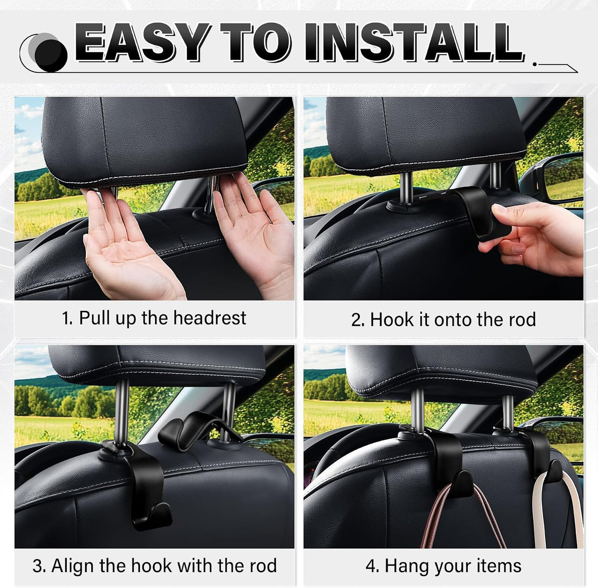 SINGARO 4 Pack Car Seat Headrest Hooks, Vehicle Back Seat Hanger Storage Organizer for Purse Handbag Backpack Coat Grocery, 360° Rotating Heavy Duty Holds 44lbs, Black
