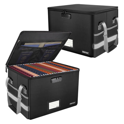 ENGPOW File Box with Lock,Fireproof Document Box with Zipper＆Pockets,Collapsible File Organizer Filing Storage Cabinet with Handle,Portable Home Office Safe for Hanging Letter/Legal Folder,Black