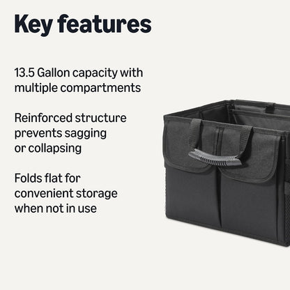 Amazon Basics Trunk Organizer for Car, Multi-Compartment Car Storage, Foldable, 13.5 Gallon, Black