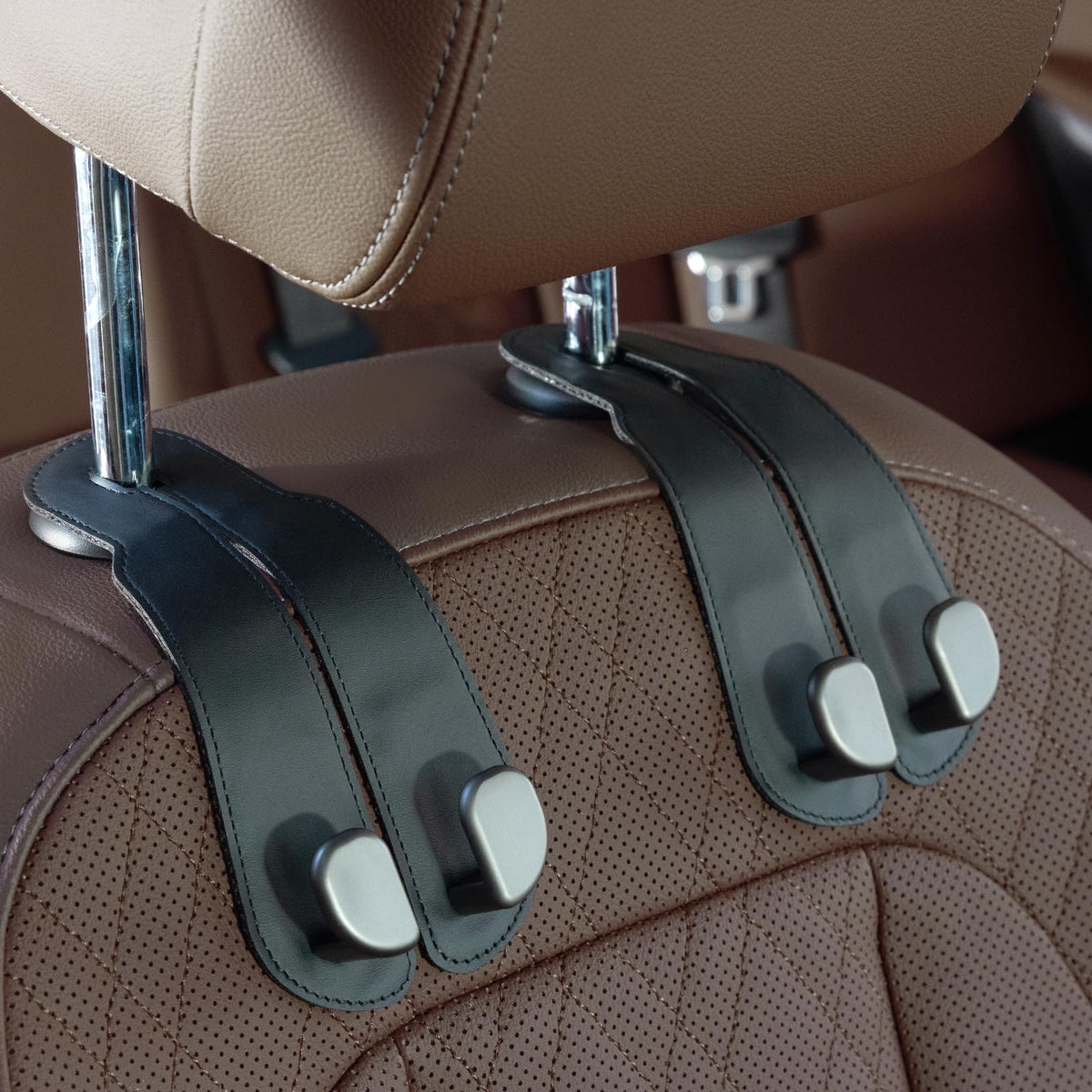 CoBak Purse Hook for Car - Universal Premium Stitched Leather and Aluminum-Magnesium Alloy Double Car Seat Back Storage Hook for Purses, Handbags, Bags (2 Pack),Amethyst Purple