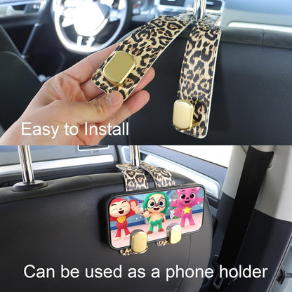 Car Seat Hooks for Headrest, Purse Hook & Back Storage Hook, Zinc Alloy & Leather Material Heavy Duty Car Hooks for Purses and Bags,Universal Fit for Most Vehicles (Leopard-2 Pack)