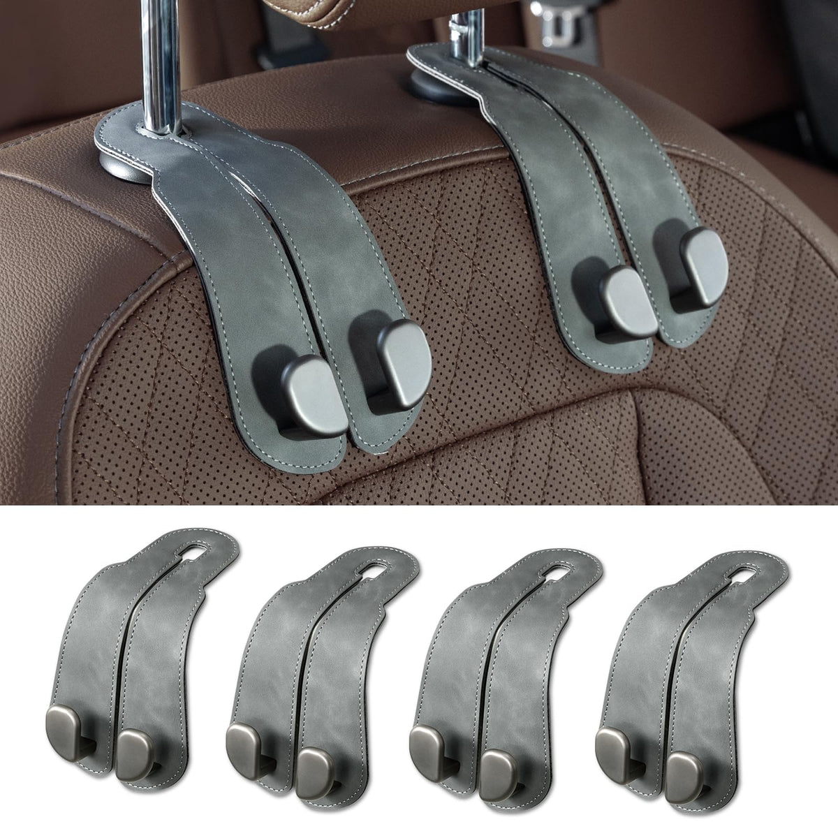 CoBak Purse Hook for Car - Universal Premium Stitched Leather and Aluminum-Magnesium Alloy Double Car Seat Back Storage Hook for Purses, Handbags, Bags (2 Pack),Amethyst Purple