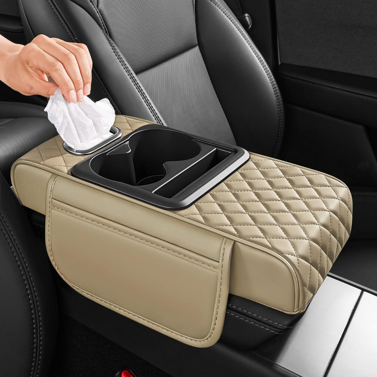 5 in 1 Nappa Leather Console Armrest Cover, Black