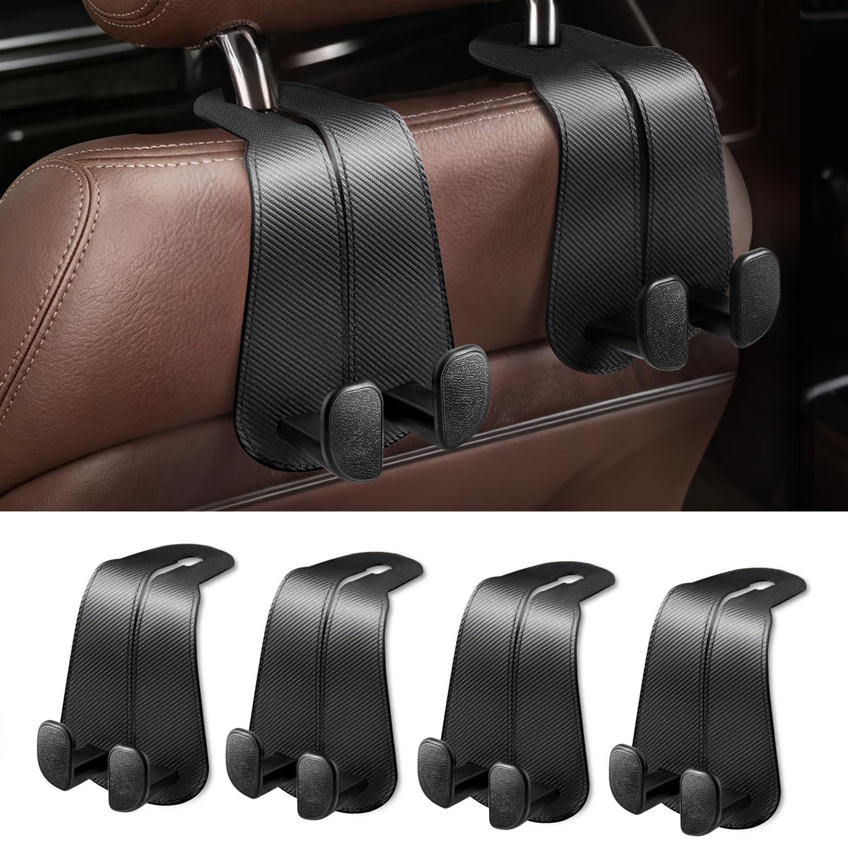 CoBak Purse Hook for Car - Universal Premium Stitched Leather and Aluminum-Magnesium Alloy Double Car Seat Back Storage Hook for Purses, Handbags, Bags (2 Pack),Amethyst Purple