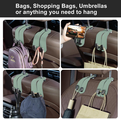 CoBak Purse Hook for Car - Universal Premium Stitched Leather and Aluminum-Magnesium Alloy Double Car Seat Back Storage Hook for Purses, Handbags, Bags (2 Pack),SageGreen