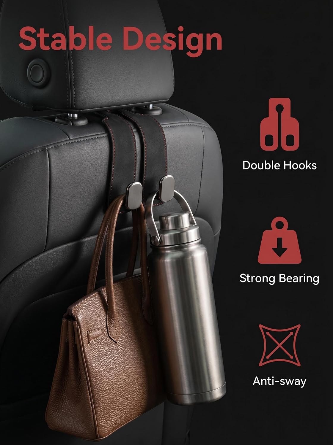 Car Purse Hooks, Universal Headrest Hooks for Bags, 4 Pack