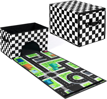 HFKPJRT Toy Car Storage Box with Play Mat, 2-in-1 Collapsible Car Organizer Garage with Racetrack, Large Toy Organizer Bin for Kids Boys Girls, Storage Container for Toys, Trucks, Vehicles
