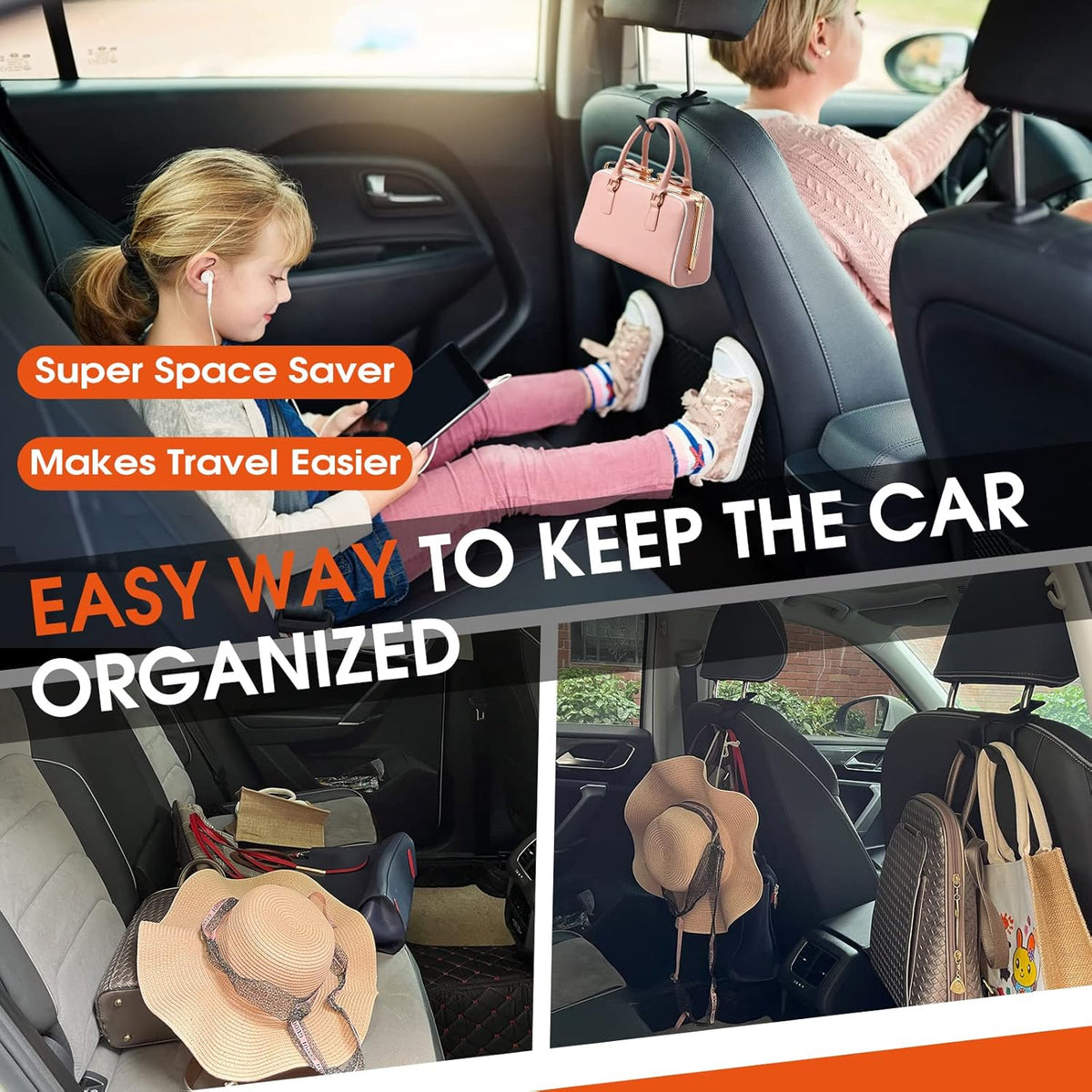 Car Headrest Hooks for Purses and Bags, Upgraded 2 in 1 Cars Back Seat Head Rest Hanger Vehicle Leather Organizer Storage Holder Hook Matching Cars Interior, 1-Pack, Black