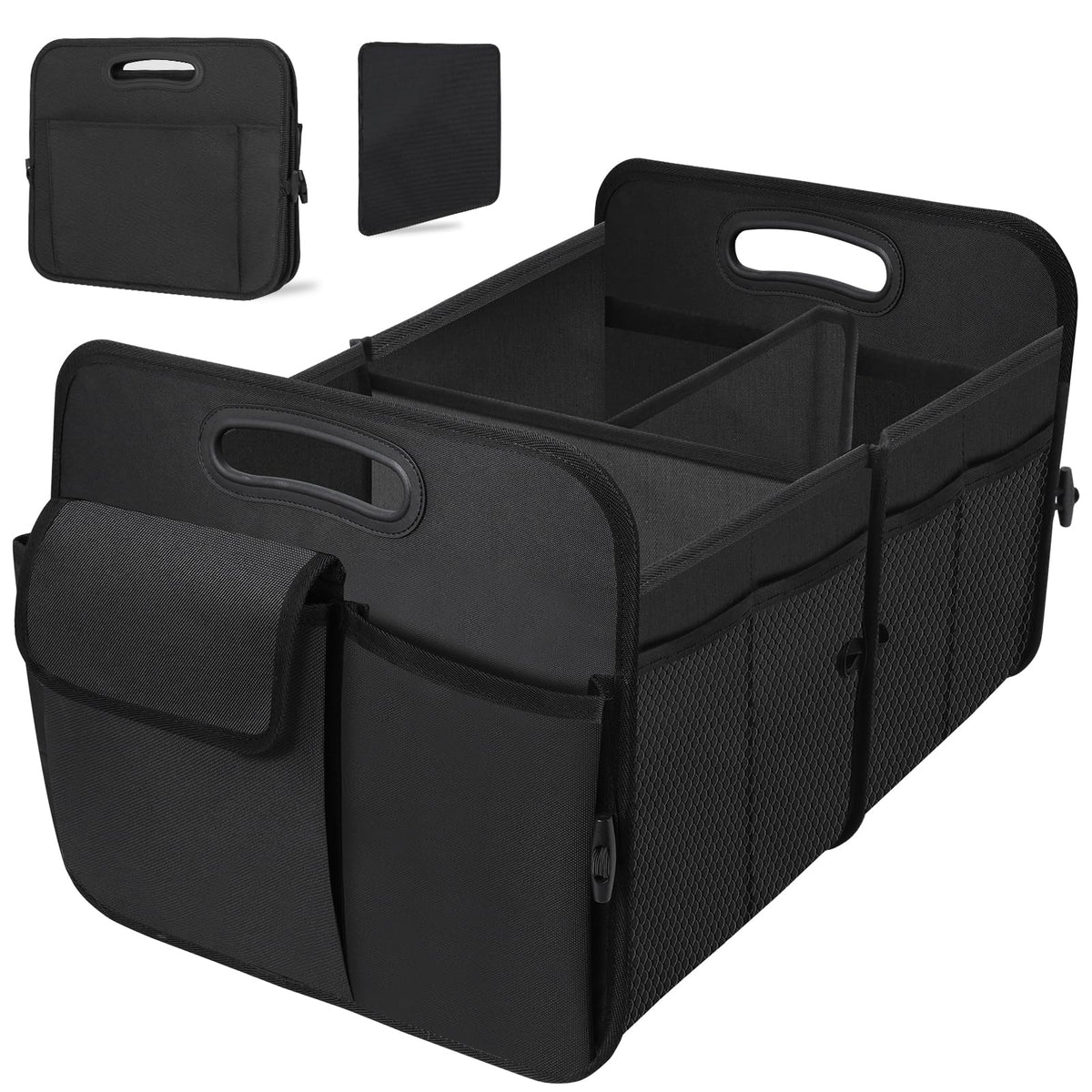 Trunk Organizer, Collapsible Waterproof car Trunk Organizer for SUVs & Sedans, Car Storage Organizers with Reinforced Handles, Car Accessories for Women and Men, 2 Compartments, 52L, Black
