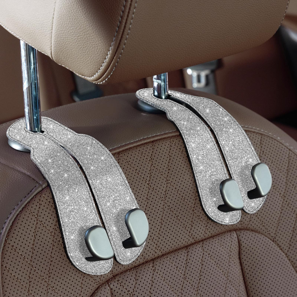 CoBak Purse Hook for Car - Universal Premium Stitched Leather and Aluminum-Magnesium Alloy Double Car Seat Back Storage Hook for Purses, Handbags, Bags (2 Pack),Amethyst Purple