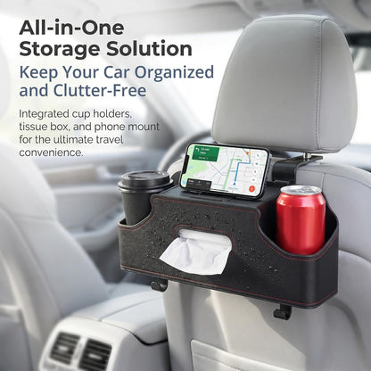 1 PC Car Seat Back Organizer, Multi-Function Tissue Storage Box with 2 Drink Cup Holders, Hanging Kids and Travel Accessories, Universal for Water Cup Phone Umbrella Bag (Black)