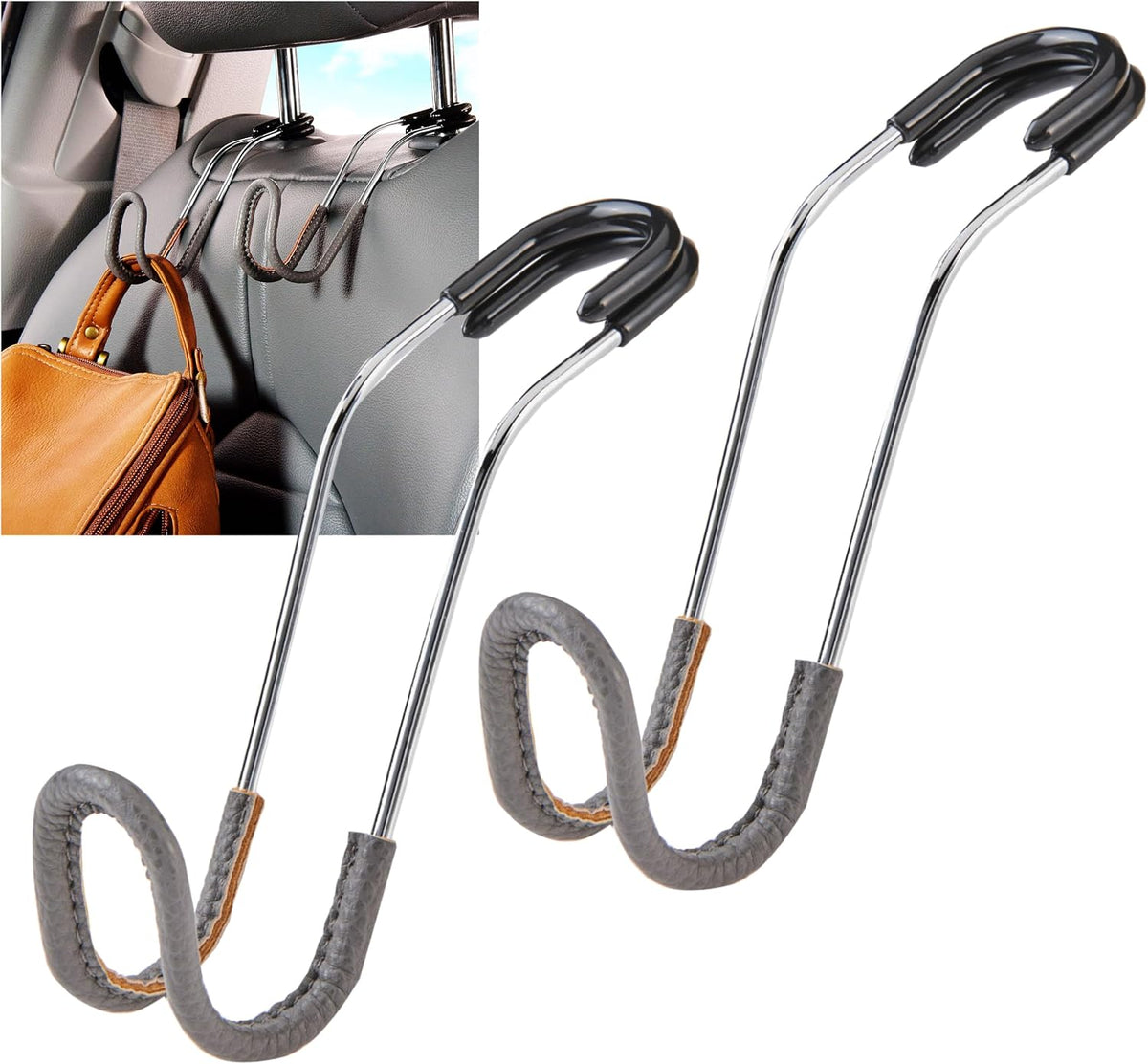High Road Car Hooks for Purses and Bags with Leather Trim - Unbreakable Headrest Car Hooks for Large Purse Straps and Heavy Bags up to 40 lbs - Secure Attachment Loops Fit All Headrest Posts, 2-Pack