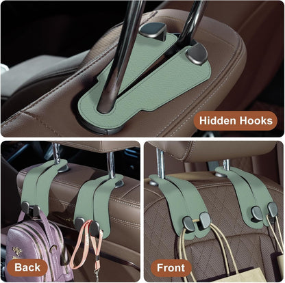 CoBak Purse Hook for Car - Universal Premium Stitched Leather and Aluminum-Magnesium Alloy Double Car Seat Back Storage Hook for Purses, Handbags, Bags (2 Pack),SageGreen