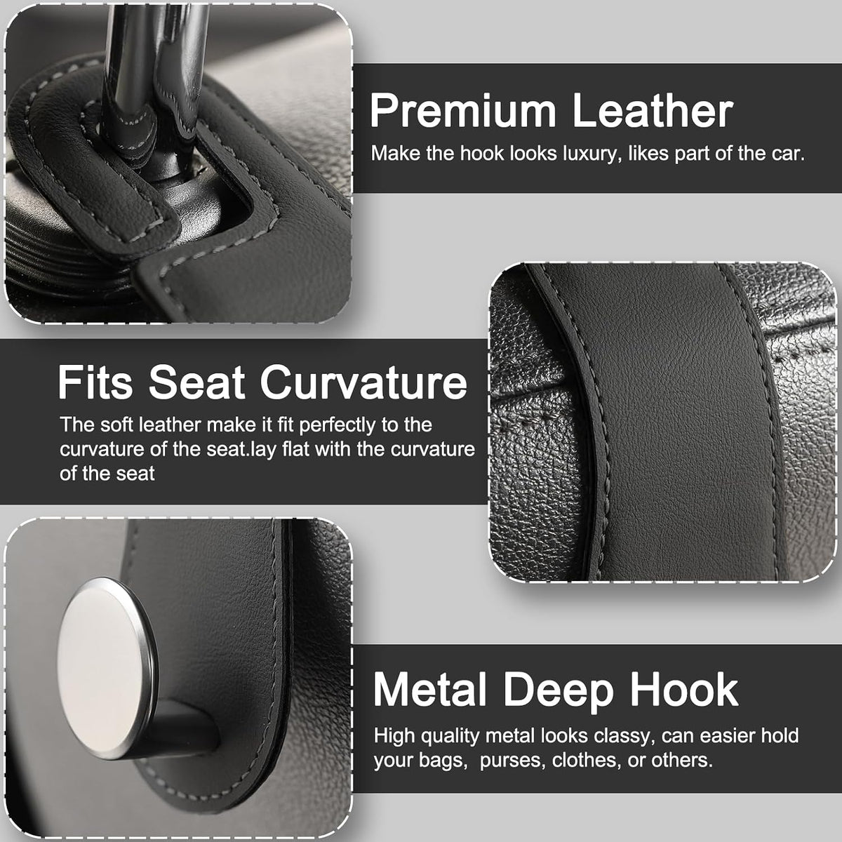 2 Pack Car Headrest Hooks Leather & Alloy Car Seat Storage Hangers, Black
