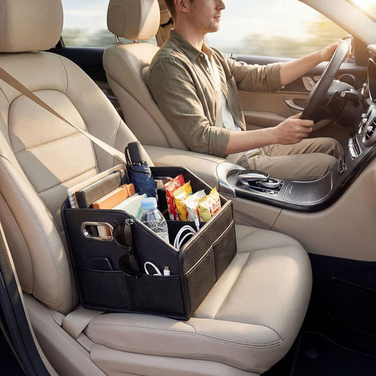 Car Front Seat Organizer - PU Leather Car Storage Box with Metal Handle, Divided Black Car Caddy Organizer for Truck/SUV/RV/Sedan, Universal Car Accessories for Trunk Front Back Seat