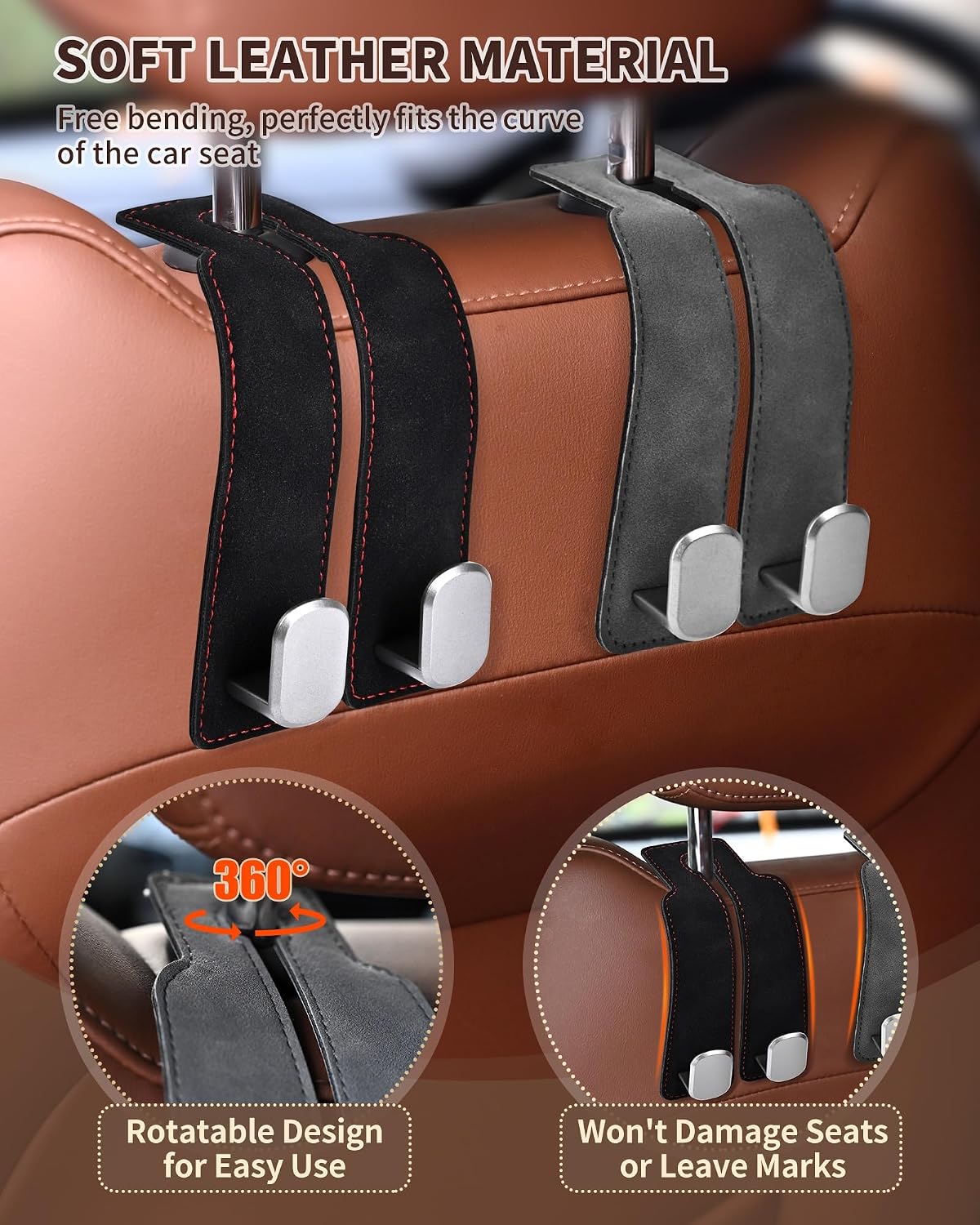 Headrest Hooks for Car, 4 Pack Car Seat Back Organizer Storage Hook, Double Hook Car Seat Hooks for Hanger Purses and Bags, Leather Purse Holder for Car, Grey