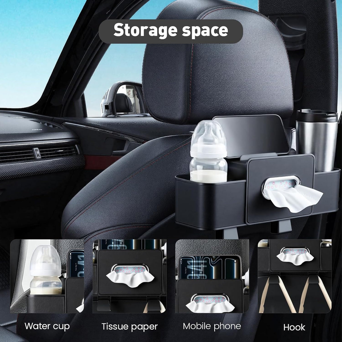 2 Pack Back Seat Car Organizers with Tissue Box and Cup Holders, Balck