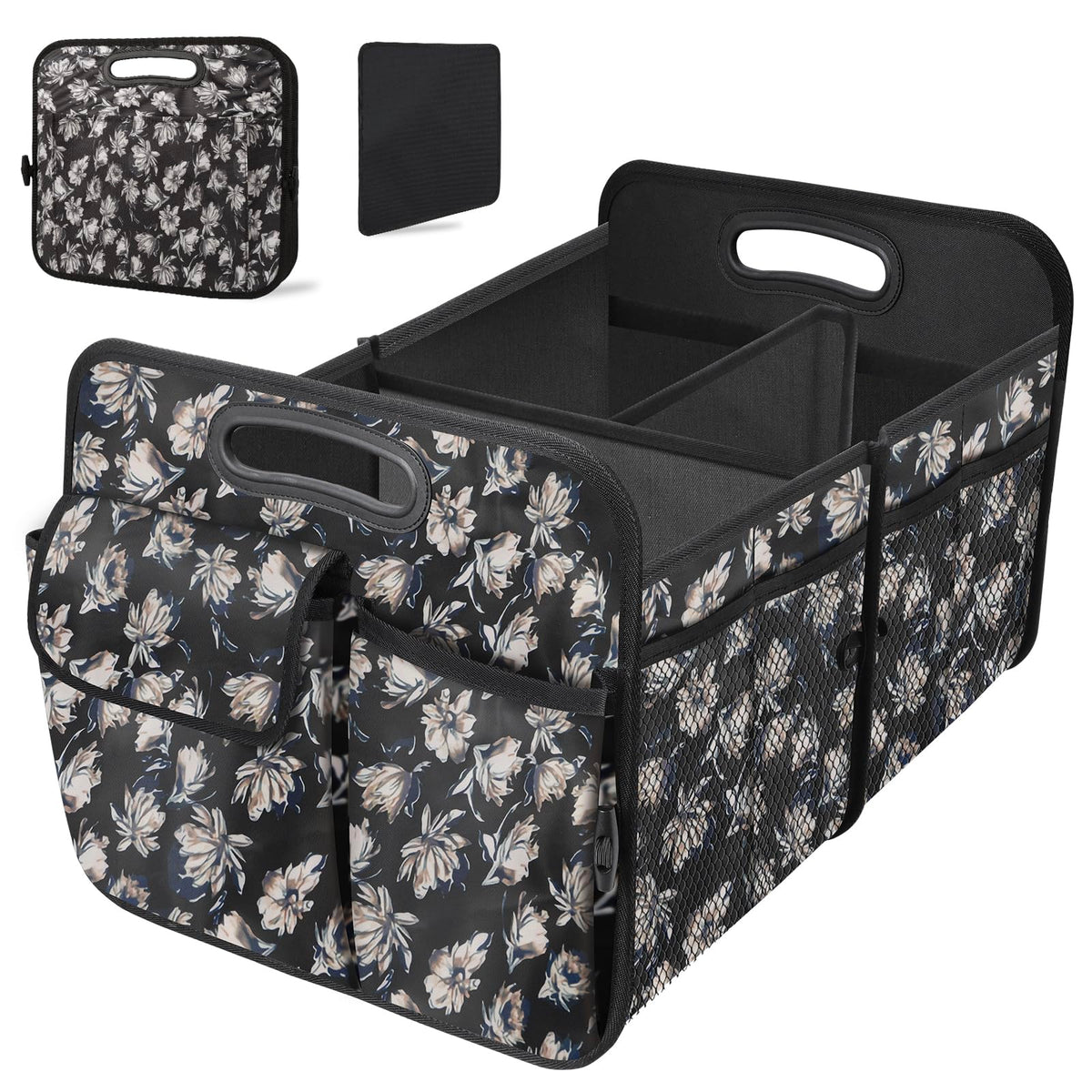 Trunk Organizer, Collapsible Waterproof car Trunk Organizer for SUVs & Sedans, Car Storage Organizers with Reinforced Handles, Car Accessories for Women and Men, 2 Compartments, 52L, Black