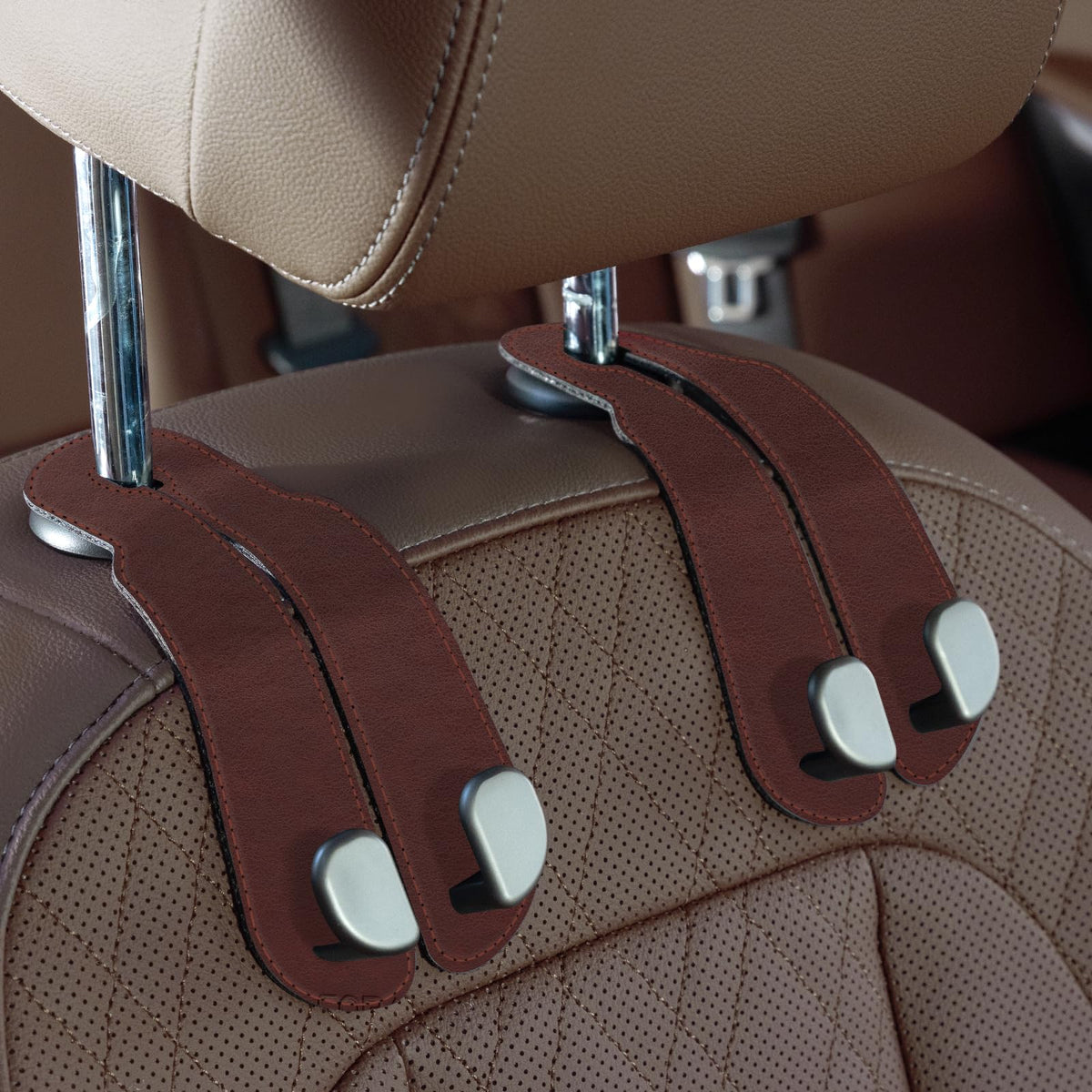 CoBak Purse Hook for Car - Universal Premium Stitched Leather and Aluminum-Magnesium Alloy Double Car Seat Back Storage Hook for Purses, Handbags, Bags (2 Pack),Amethyst Purple