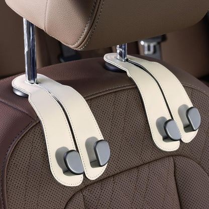 CoBak Purse Hook for Car - Universal Premium Stitched Leather and Aluminum-Magnesium Alloy Double Car Seat Back Storage Hook for Purses, Handbags, Bags (2 Pack),Beige