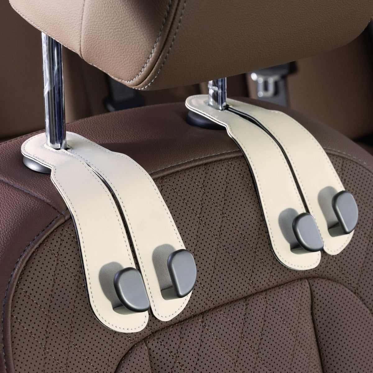 CoBak Purse Hook for Car - Universal Premium Stitched Leather and Aluminum-Magnesium Alloy Double Car Seat Back Storage Hook for Purses, Handbags, Bags (4 Pack),Black