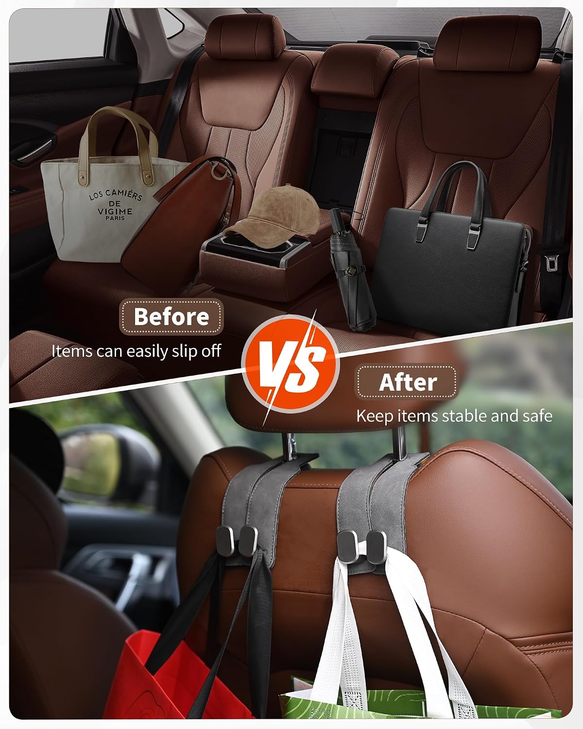 Headrest Hooks for Car, 4 Pack Car Seat Back Organizer Storage Hook, Double Hook Car Seat Hooks for Hanger Purses and Bags, Leather Purse Holder for Car, Black