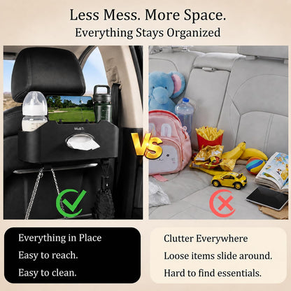 Back Seat Car Organizer with Cup Holders Tissue Box, Phone Stand and Hooks