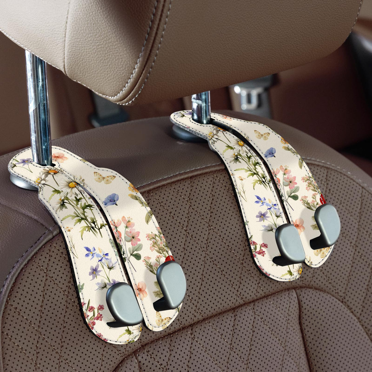 CoBak Purse Hook for Car - Universal Premium Stitched Leather and Aluminum-Magnesium Alloy Double Car Seat Back Storage Hook for Purses, Handbags, Bags (2 Pack),Beige