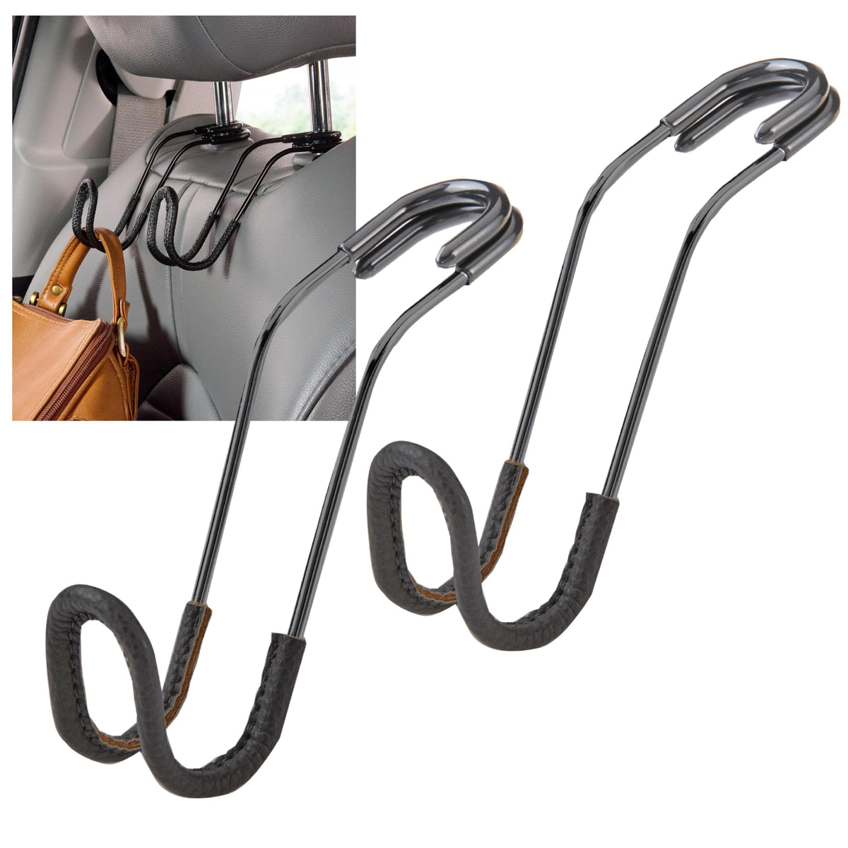 High Road Car Hooks for Purses and Bags with Leather Trim - Unbreakable Headrest Car Hooks for Large Purse Straps and Heavy Bags up to 40 lbs - Secure Attachment Loops Fit All Headrest Posts, 2-Pack