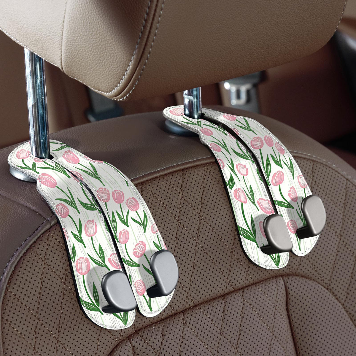 CoBak Purse Hook for Car - Universal Premium Stitched Leather and Aluminum-Magnesium Alloy Double Car Seat Back Storage Hook for Purses, Handbags, Bags (2 Pack),Beige