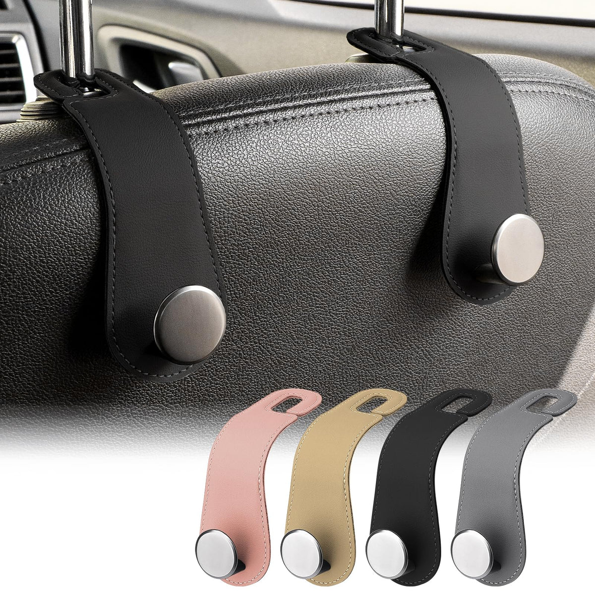 2 Pack Car Headrest Hooks Leather & Alloy Car Seat Storage Hangers, Black