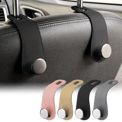 2 Pack Car Headrest Hooks Leather & Alloy Car Seat Storage Hangers, Black