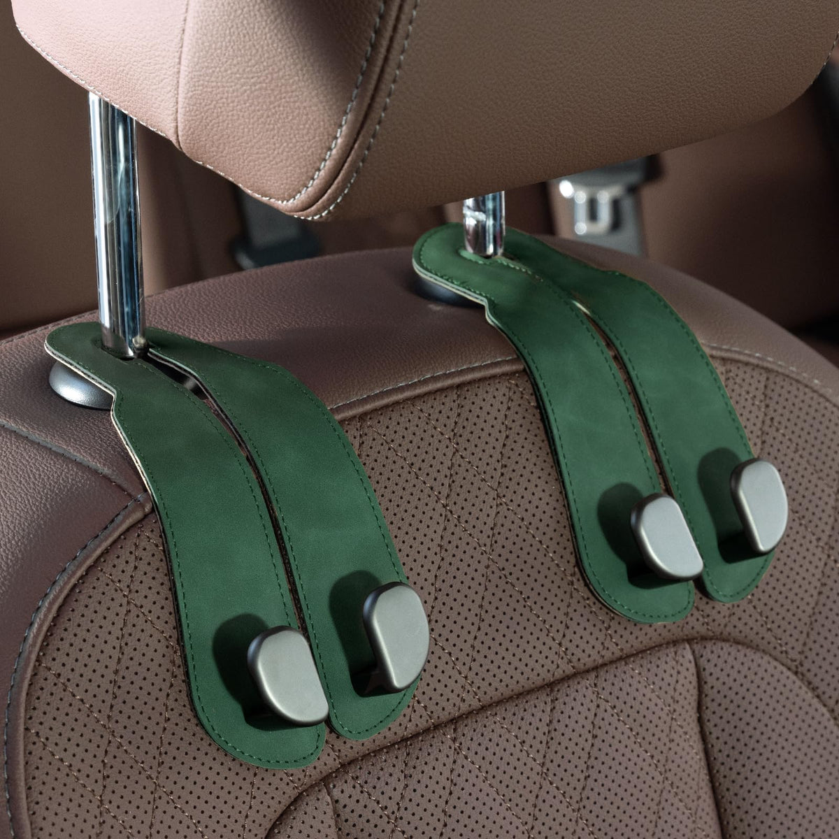 CoBak Purse Hook for Car - Universal Premium Stitched Leather and Aluminum-Magnesium Alloy Double Car Seat Back Storage Hook for Purses, Handbags, Bags (2 Pack),Amethyst Purple