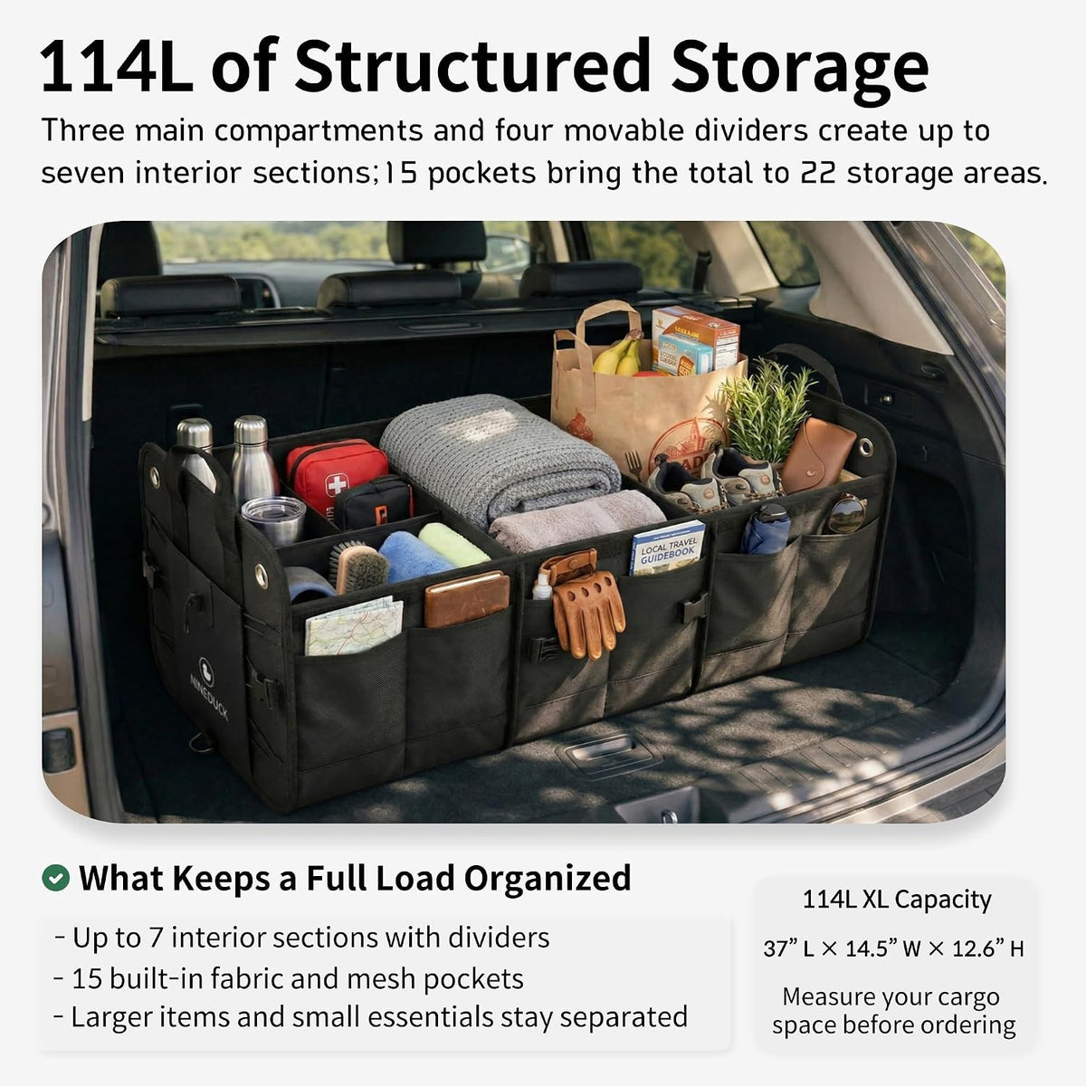 1680D 114L Extra-Large Collapsible Car Trunk Organizer with Lid