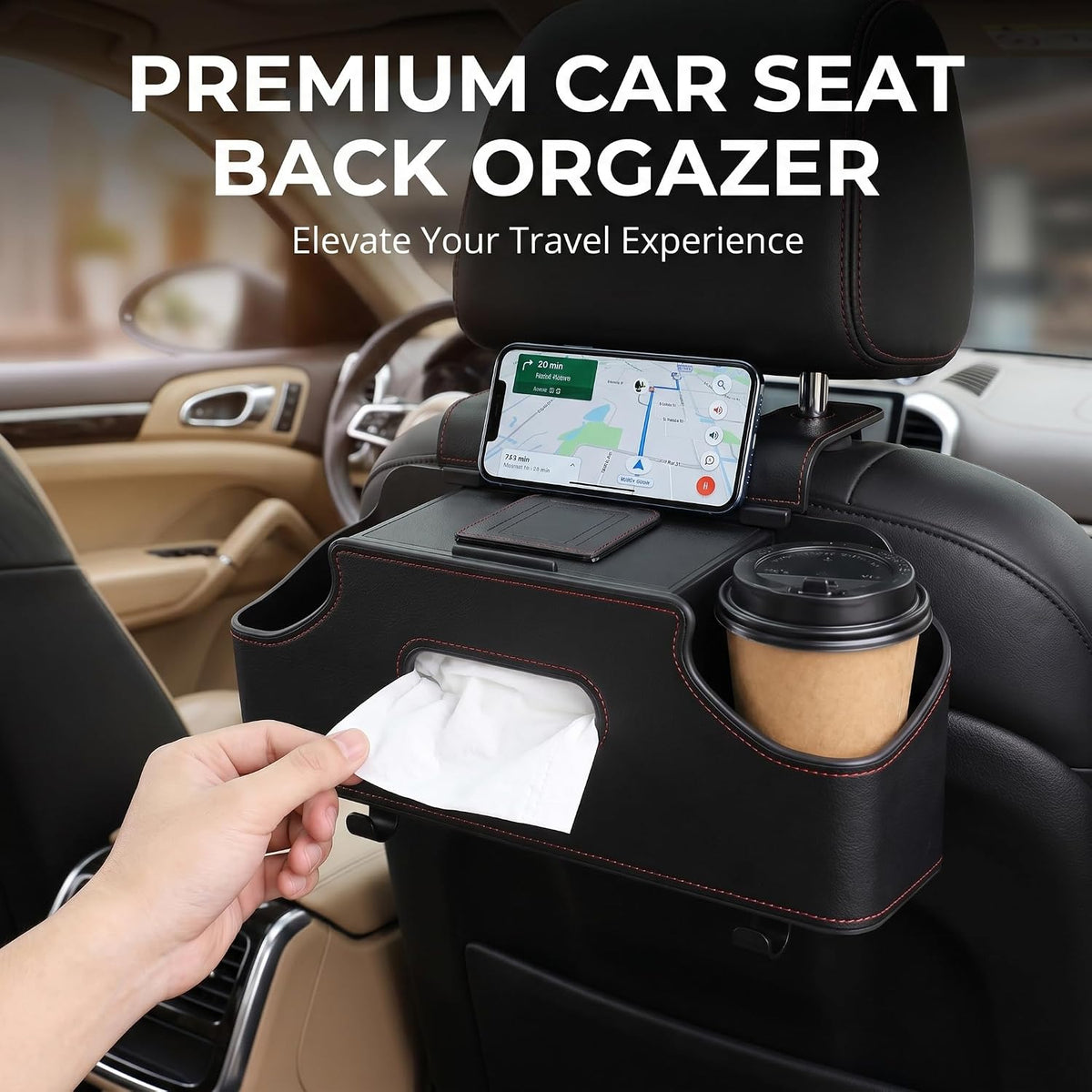 1 PC Car Seat Back Organizer, Multi-Function Tissue Storage Box with 2 Drink Cup Holders, Hanging Kids and Travel Accessories, Universal for Water Cup Phone Umbrella Bag (Black)