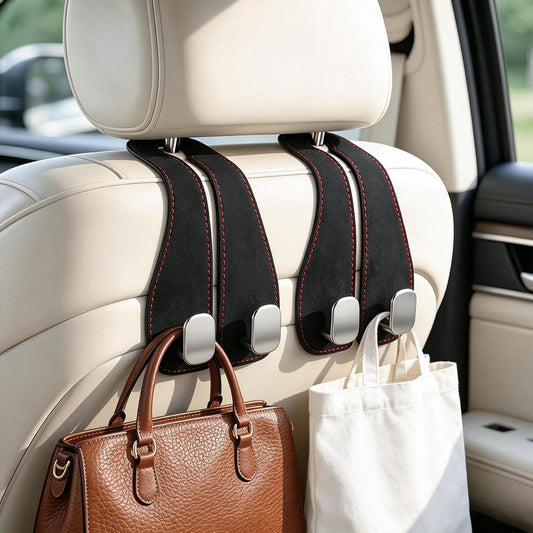 SINGARO 2PCS Car Purse Holder Hook, Seat Back Storage Hook, Leather-Wrapped Alloy Double Headrest Hook for Purses & Bags, Cute Car Interior Accessories for Women and Men, Black
