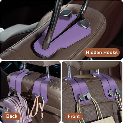 CoBak Purse Hook for Car - Universal Premium Stitched Leather and Aluminum-Magnesium Alloy Double Car Seat Back Storage Hook for Purses, Handbags, Bags (2 Pack),Amethyst Purple