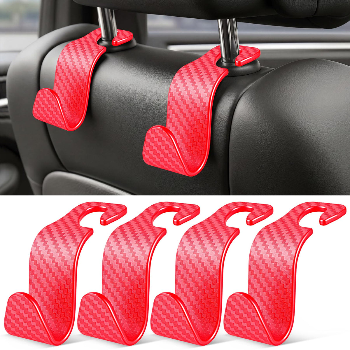 SINGARO 4 Pack Car Seat Headrest Hooks, Vehicle Back Seat Hanger Storage Organizer for Purse Handbag Backpack Coat Grocery, 360° Rotating Heavy Duty Holds 44lbs, Black
