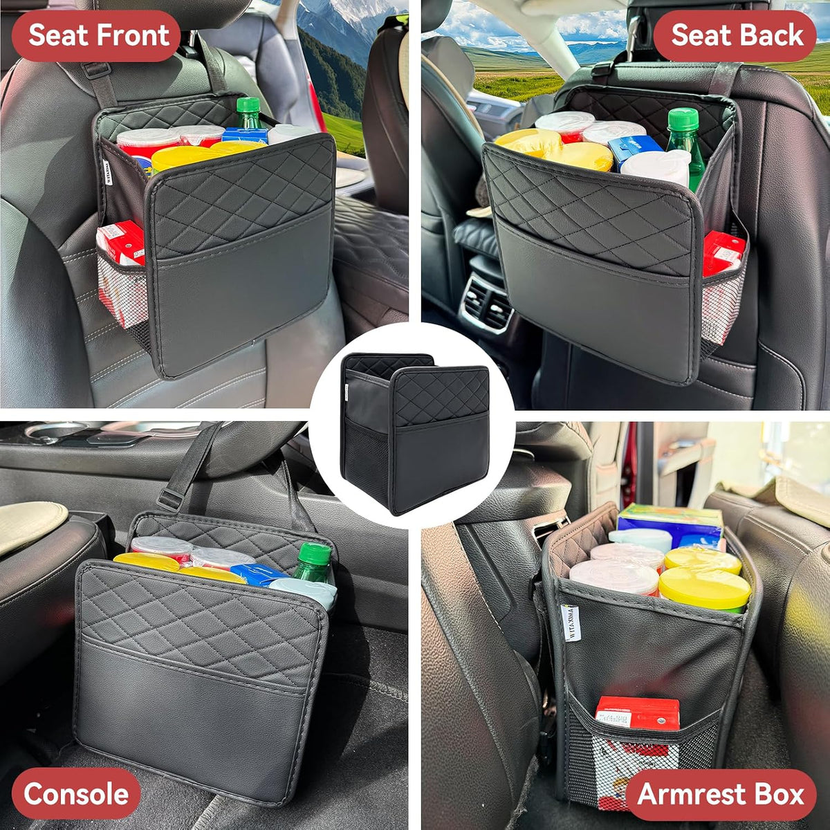 Witaxima Upgrade Car Seat Organizer Backseat with Storage Pockets, Multipurpose Car Organizer Hanging, Car Trash Bag Can,Premium PU Leather Garbage Can 2.14 Gallon Large Capacity, Black.