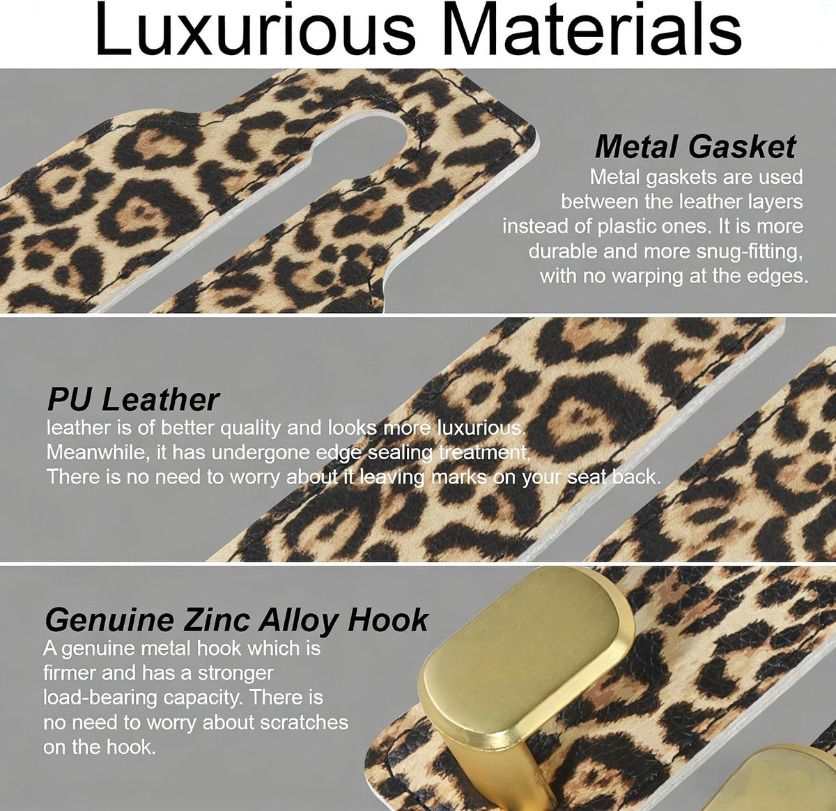 Car Seat Hooks for Headrest, Purse Hook & Back Storage Hook, Zinc Alloy & Leather Material Heavy Duty Car Hooks for Purses and Bags,Universal Fit for Most Vehicles (Leopard-2 Pack)