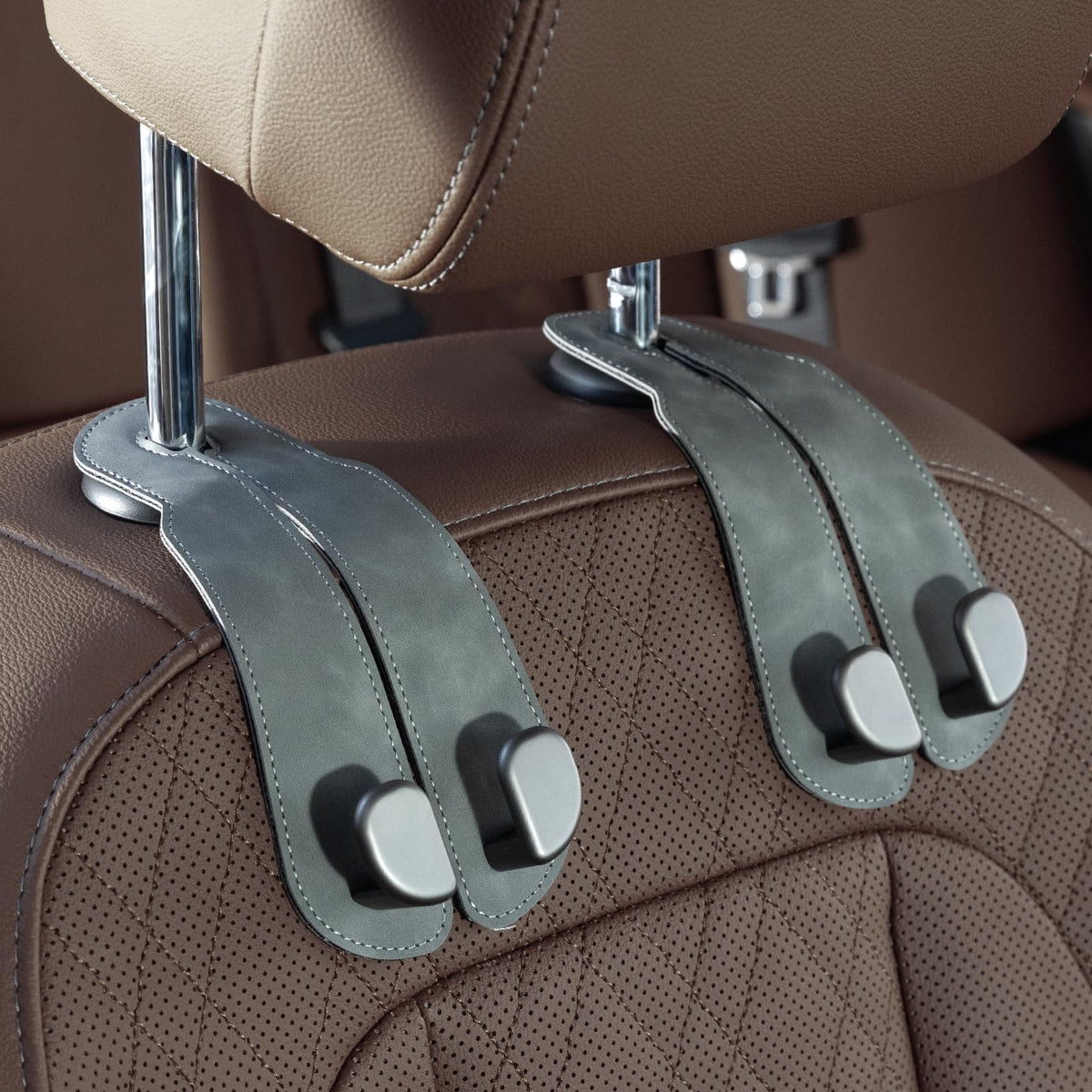 CoBak Purse Hook for Car - Universal Premium Stitched Leather and Aluminum-Magnesium Alloy Double Car Seat Back Storage Hook for Purses, Handbags, Bags (2 Pack),Amethyst Purple