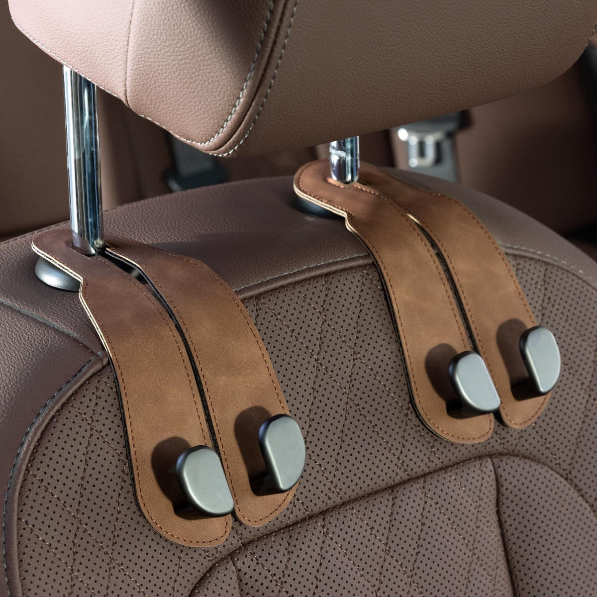 CoBak Purse Hook for Car - Universal Premium Stitched Leather and Aluminum-Magnesium Alloy Double Car Seat Back Storage Hook for Purses, Handbags, Bags (2 Pack),Amethyst Purple