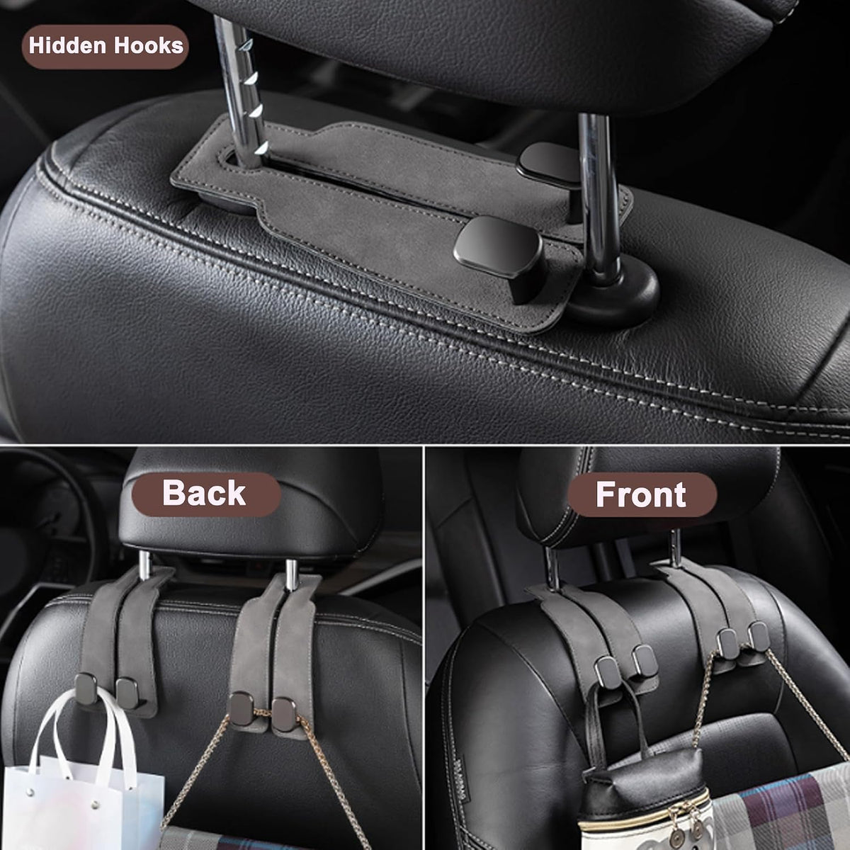 Amelity Car Headrest Hooks, Purse Hook for Car 2 Pack Gray