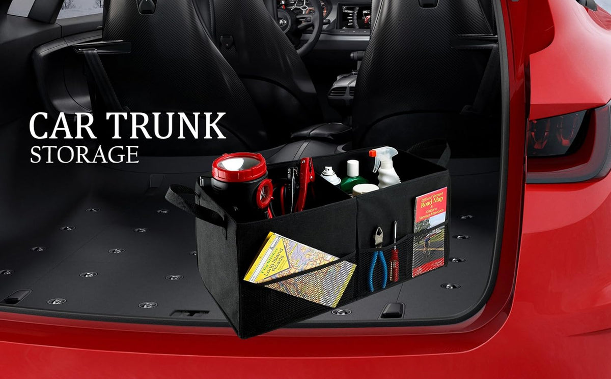Handy Laundry Car Trunk Organizer – Large 2 Compartment Storage Bin with Non-Slip Fastener, Mesh Side Pockets & Heavy-Duty Handles, 22 x 10 x 11 in, Black – Prevents Shifting & Rolling