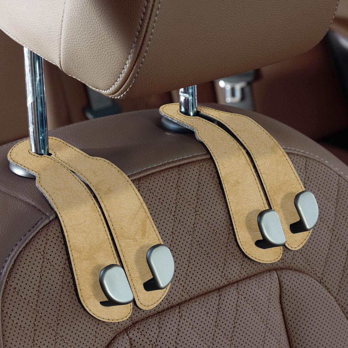CoBak Purse Hook for Car - Universal Premium Stitched Leather and Aluminum-Magnesium Alloy Double Car Seat Back Storage Hook for Purses, Handbags, Bags (2 Pack),Beige