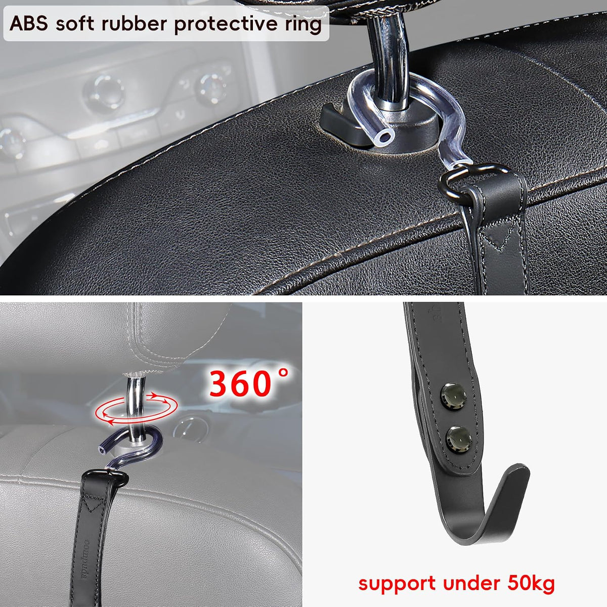 Car Hooks,Car Purse Hook,Car Headrest Hook 2 Pack Leather Headrest Hooks for car Accessories,SUS304 Car Bag Hooks(Black)